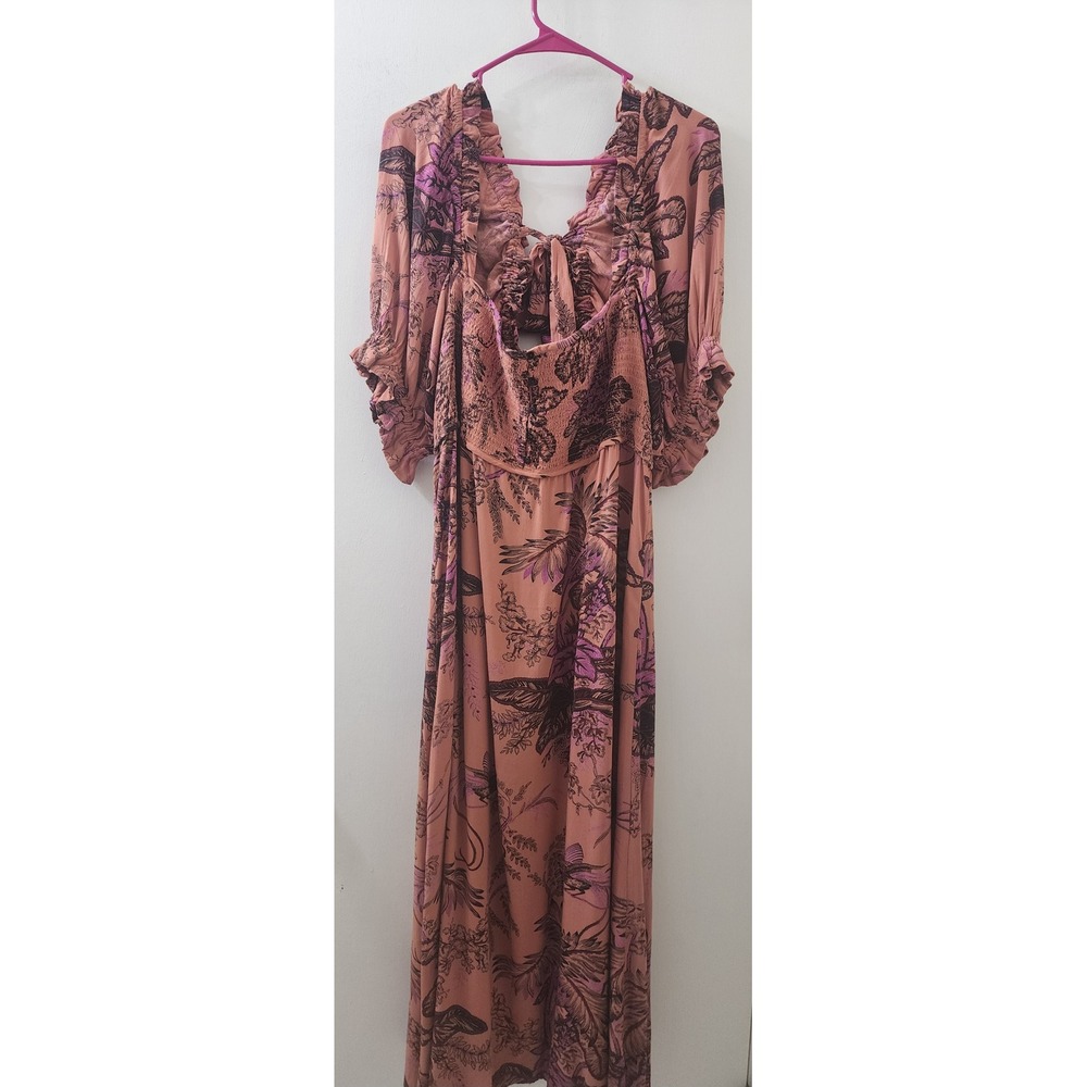 Boho Peach Botanical Butterfly Print Smocked Maxi Dress XL Ruffle Tie Back